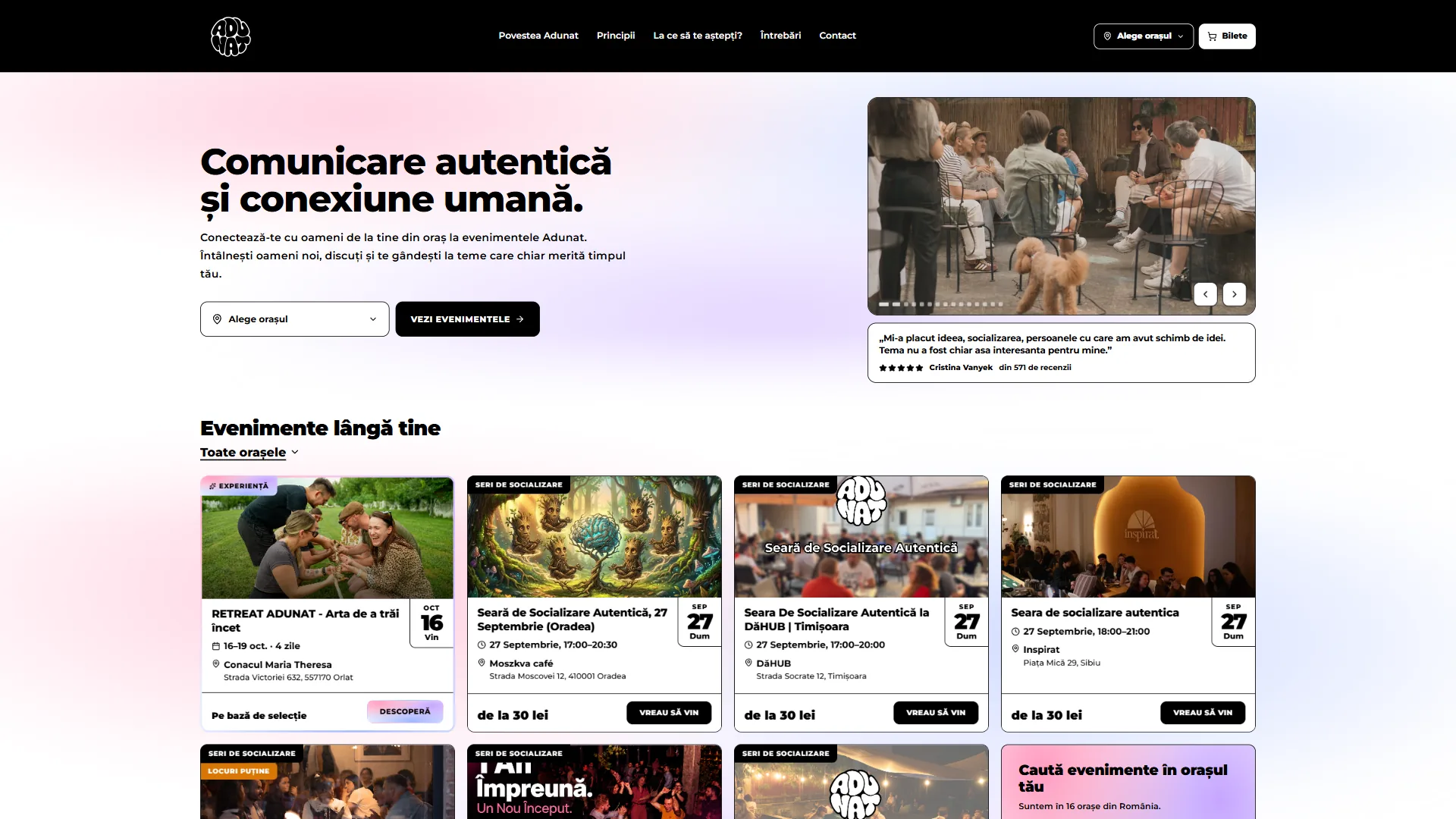 adunat.ro: Plataforma de eventos de socialización auténtica por toda Rumanía, con venta de entradas online sin necesidad de cuenta.