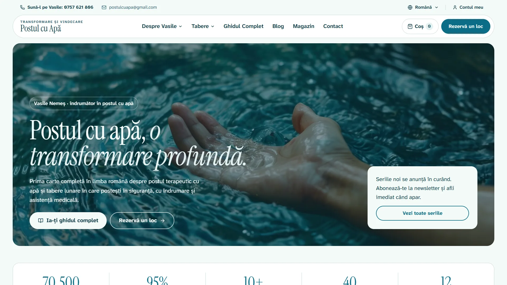 postulcuapa.ro: Plataforma bilingüe (7 idiomas) para retiros de ayuno con agua, con reservas, gestión de habitaciones y tienda.